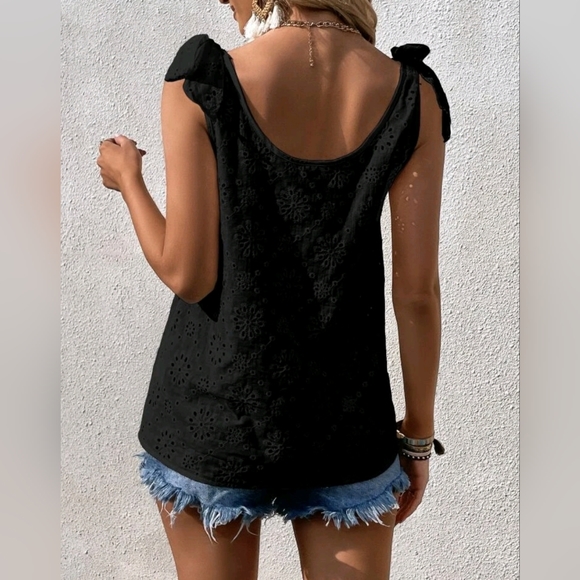 NEW Boho Embroidered Eyelet Lace Tie Top Blouse Black - Picture 4 of 8